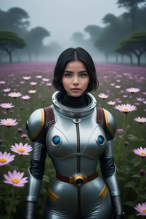 photo of beautiful girl, wearing retro space suit, looking at viewer:, in a dark foggy rainy misty alien flowers flowerfield, detailed pupils, extremely detailed CG unity 8k wallpaper, photo of the most beautiful artwork in the world, professional majestic photography by Steve McCurry, 8k uhd, dslr, soft lighting, high quality, film_grain, big breasts, bokeh, blurry foreground, blurry background, Fujifilm XT3 sharp focus, f 5.6, High Detail, Sharp focus, dramatic, interstellar, film grain, Surrealism, Dreamy dim daylight, Minimalism, emptiness, spaciousness, faint accent lights, daylight