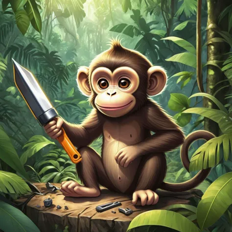 an emotional and dramatic anime drawing of a cute monkey learning to use tools in the jungle in a group