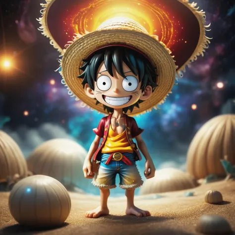 3d image of Chibi Monkey D Luffy, straw hat, in a surreal cosmic and godly atmosphere, full body shot, fantasy elements, smiling