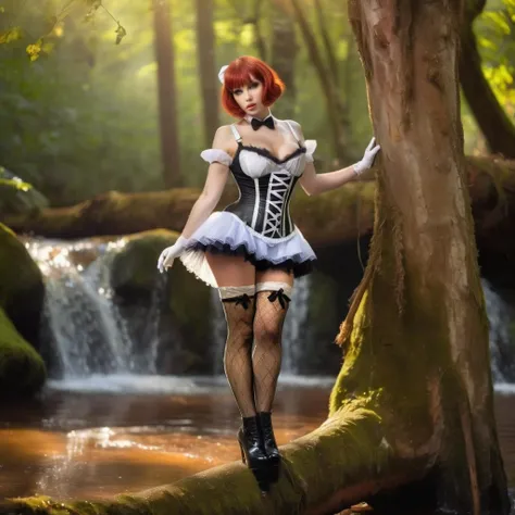 cute woman on tree trunk, wearing french maid outfit, fishnet stockings, ribbon, leather corset, mystical forest, stream in background, god rays with floating dust particles, short red hair, bob haircut, big butt, breasts, wallpaper, bokeh, photorealistic, canon 75mm f/2.8, naturalistic lighting, dynamic shadows, depth of field, [[skin pores]], masterpiece