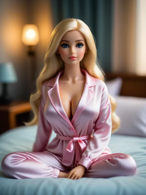 cinematic photo flyweight, plastic doll joints, ball joints, blonde Barbie doll feeling cozy wearing pajamas, sitting on bed, romantic light, 35mm photograph, tilt shift, film, bokeh, professional, 4k, highly detailed, big breasts, photo of the most beautiful artwork in the world, professional majestic photography by Steve McCurry, 8k uhd, dslr, soft lighting, high quality, film_grain, bokeh, blurry foreground, blurry background, Fujifilm XT3 sharp focus, f 5.6, High Detail, Sharp focus, dramatic, film grain, Surrealism, Minimalism, emptiness, faint accent lights