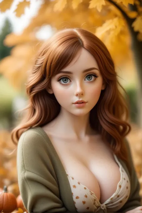 photo of cute creature, female, big eyes, (freckles), autumn, english garden, cinematic photo flyweight, 35mm photograph, tilt shift, film, professional, 4k, highly detailed, [big breasts], [green eyes:0.2]