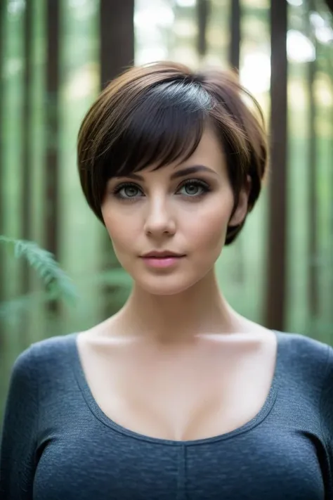 portrait of woman, short hair, in forest, bokeh, close-up of face, big breasts, [detailed eyes]