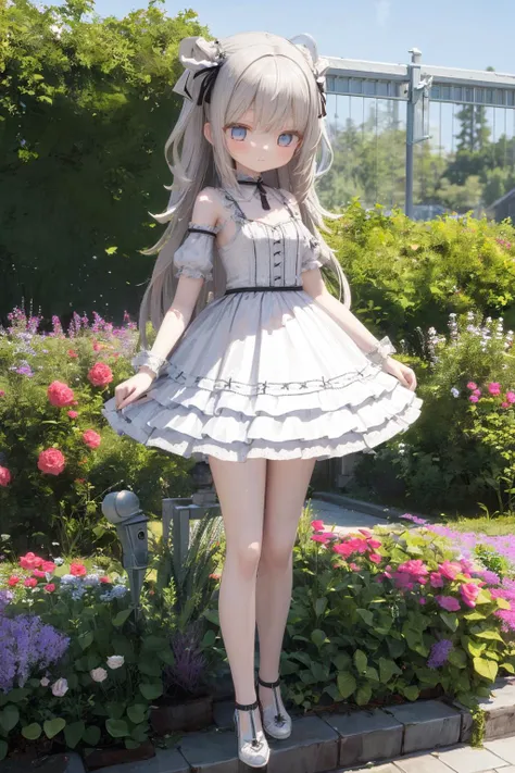 3d mode:1.2, figure:1.1, three-dimensional effect, 1girl, fluffy dress, soft smile, flower cradle, garden