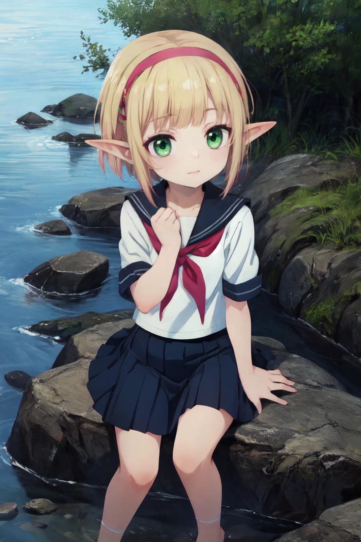 best quality, high resolution, distinct image, cinematic lighting,
solo, solo girl, standing, elf girl, blonde hair, blunt bangs, bob hair, green eyes, pointy ears, pink hairband, , short body, flat, skinny, chierafuku, dark blue skirt, short sleeves, summer, outdoors, happy, creak, sitting on rock, barefoot,