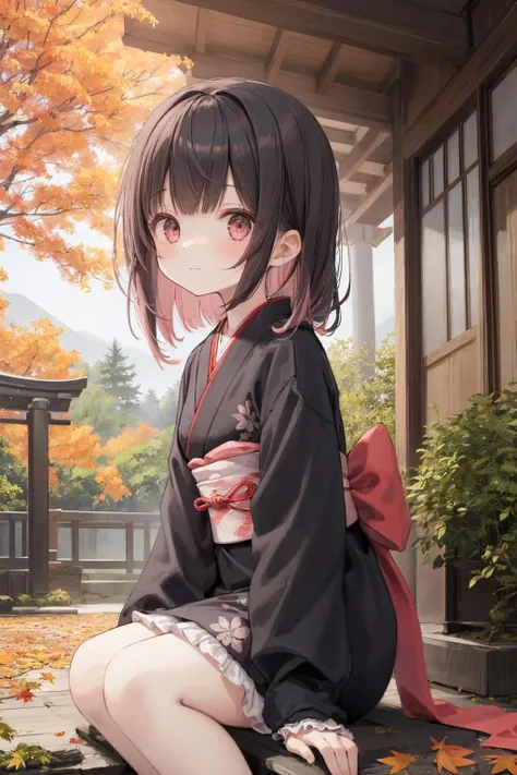 1girl, solo, sitting, Japanese frilled dress, Japanese traditional patterns, black longhair, pink mesh hair, ash pink eyes, soft smile, superb view, outdoor, looking at viewer, autumn leaves, Japanese garden, dof, autumn