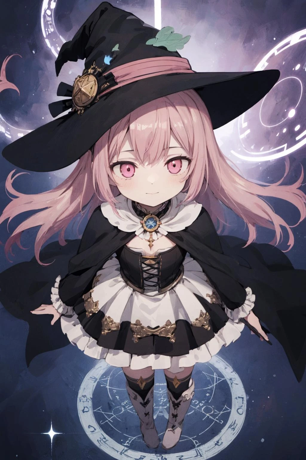 1girl, solo, stand up, Grimoire, aura outline, pink longhair, two side up, witch hat, witch dress, frilled skirt, petticoat, flat chest, thigh high, witch boots, soft smile, vivid, from above:0.8, forbidden sanctuary, magical circle, magical effects, glowing ethereal materials