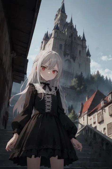 1girl, white long hair, red eyes, gothic classical dress, glaring, castle town, morning