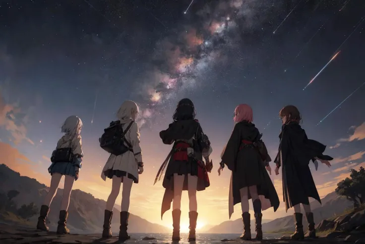 (girls focus:1.4), 4girl, 4heroines, heroic cloaks, dress, boots, standing on prism lake, superb view, fantasy world, Milky Way, meteor shower, dawn, glowing, from behind, from below, departure