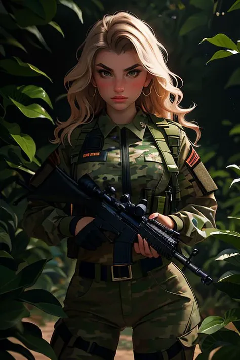 DEN_regan_budimir,
a (soldier:1.1) in the jungle on manoeuvrers wearing (army fatigues:1.2) and holding a rifle, (camouflage:1.2), military, uniform, military, camouflage uniform,
bokeh, f1.4, 40mm, photorealistic, raw, 8k, textured skin, skin pores, intricate details <lora:epi_noiseoffset2:1>, epiCRealism,