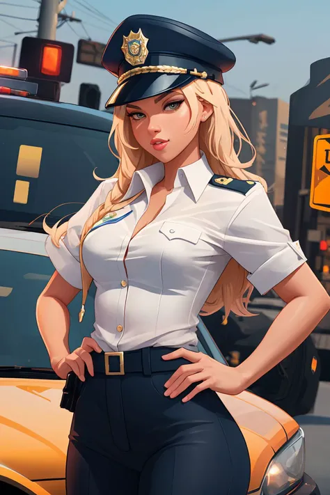 art by DEN_barbucci_full, DEN_gabbie_carterMK2 ,
posing by a (police car:1.2) (dressed:1.1) in a (police uniform:1.2), (police officer:1.3), police uniform, (police car:1.1), cuffs, (police:1.2), (uniform:1.3), police hat, hair tied back, tied back hair, trousers, top, jacket,
comic art, art, intricate, beautiful, masterpiece, render, pastel, high detail, immaculate, perfect, detailed, sharp, good image, best quality, high quality,