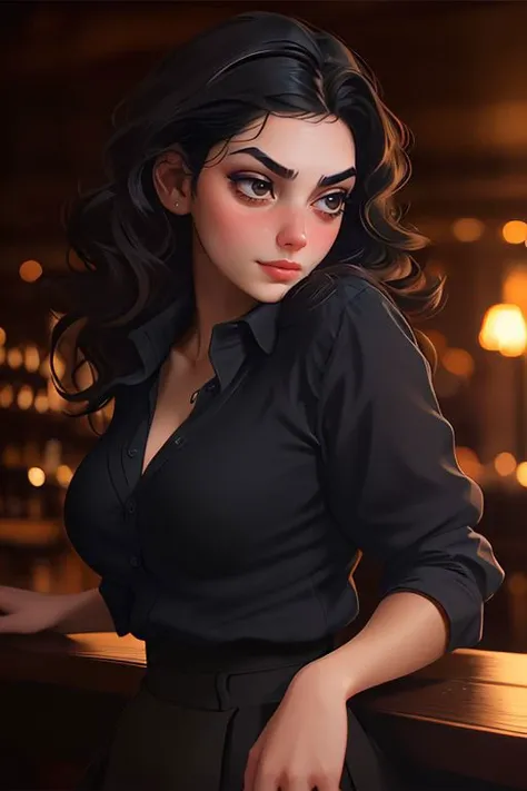 DEN_shiftymine_OF,
working in a dark atmospheric bar, working behind the bar, pulling pints, bar, dark wood bar, atmospheric, wearing a shirt and tie and skirt,
bokeh, f1.4, 40mm, photorealistic, raw, 8k, textured skin, skin pores, intricate details <lora:epi_noiseoffset2:1>, epiCRealism