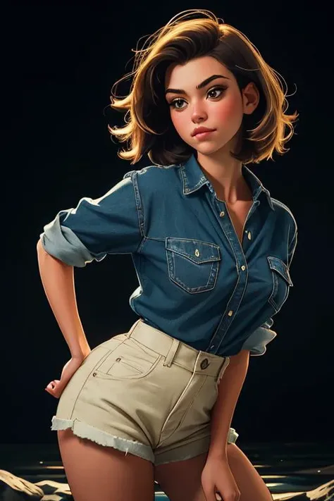 portrait of 1girl solo, Short Brushed Up Hair with High Fade, Oversized flannel shirt with a front pocket., headshot, face focus, Posing with one hand on the hip, other arm reaching up.,
Starlit River with Luminescent Fauna,
masterpiece, immaculate, highly detailed, detailed,