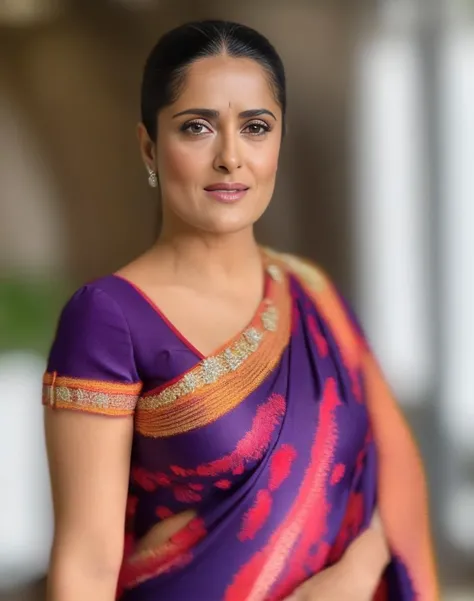 SalmaHayek,<lora:SalmaHayekSDXL:1>,woman wearing saree, background blur, portrait