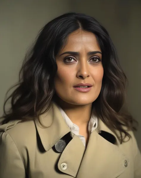 SalmaHayek, portrait,close up of a Stupid Girl, wearing Unappetizing Mennonite Trench coat, Unpredictable Brunette hair, dense dungeon, deep focus, Fearful, 800mm lens, <lora:SalmaHayekSDXL:1>