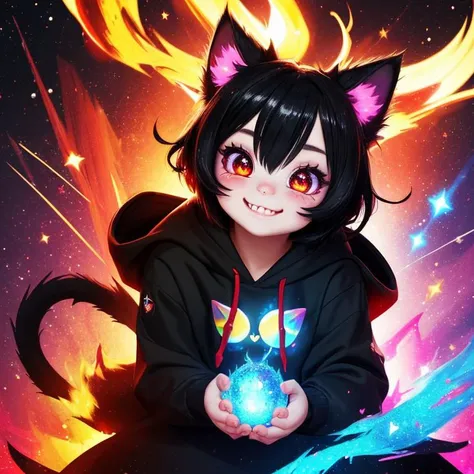 (absurdres, highres:1.3), solo, explicit, pop surrealism, (mystical:1.1), Behance,(cuteness overload:1.5) beautiful detailed glow, {beautiful detailed face}, {ultra detailed eyes}, extremely detailed, ((cute, innocent)) cat girl, ear fluff, made of glittering blue fire, fire streaks, floating flaming hearts, glowing eyes, (black hair, red highlights, red eyeliner, fang, smiling,) glitter, black and red hoodie,looking at viewer, from below, dynamic angle, stylized starburst, glowing light, red eyes, holding cat bell, raytraced light, 4k, 8k, flcl style