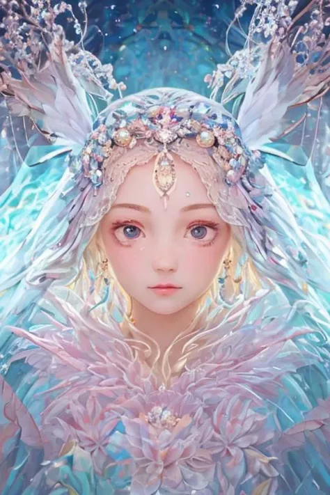 Abstract style hauntingly ethereal portrait of a mysterious figure draped in translucent fabric, crystals adorning their hair, amidst a dreamlike swirl of pastel hues and soft light, evoking a sense of calm serenity and elusive beauty, high detail, award winning masterpiece with incredible details . Non-representational, colors and shapes, expression of feelings, imaginative, highly detailed