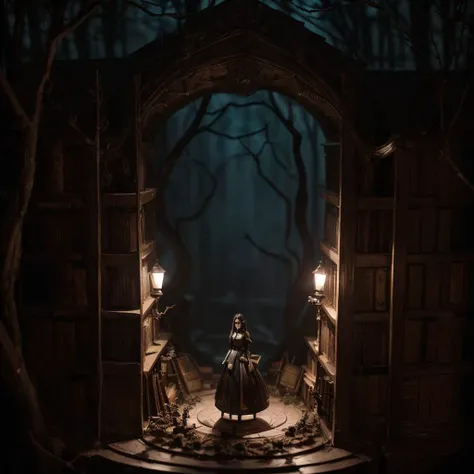 (miniature figurine krst3w4rt explorers made out of plastic with detailed faces wearing dresses, exploring an endless spiral library with tall shelves of books at night time, grainy, painting, masterpiece, scary, shadows,) (dark surreal), ((tree branches poking through a well)), <lora:add_detail:0.7>, gothic lighting <lora:epi_noiseoffset2:0.7> <lora:ARWLolitaGothic:0.9>