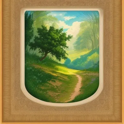 Framed illustration of a landscape with trees with a path winding through the middle of it, high quality ink illustration, greatest artist, drawing