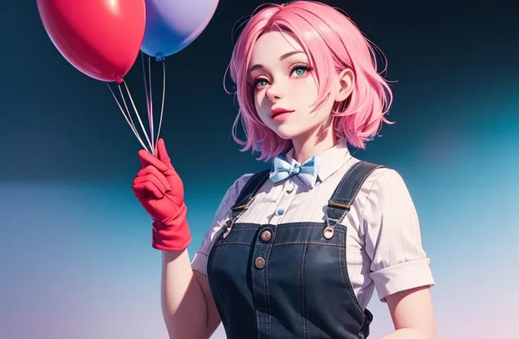 analog style, photo of a girl, (1girl, clown girl), ( pink hair), ((beautiful smile)), pretty  face: 1.7, perfect face:1.5,
[huge breasts],  pale skin, shinny skin, painted face, red nose, ((cute clown fantasy)), multicolored clothes, circles on clothes, (suspenders, overall), gloves, gesturing with hands,  blue, purple, white, stripes,
8k, 3d, (best quality:1.5, hyperrealistic:1.5, photorealistic:1.4, madly detailed CG unity 8k wallpaper:1.5, masterpiece:1.3, madly detailed photo:1.2), (hyper-realistic lifelike texture:1.4, realistic eyes:1.2), (octane render, unreal engine 5)