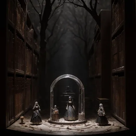 (miniature figurine krst3w4rt explorers made out of plastic with detailed faces wearing dresses, exploring an endless spiral library with tall shelves of books at night time, grainy, painting, masterpiece, scary, shadows,) (dark surreal), ((tree branches poking through a well)), <lora:add_detail:0.7>, gothic lighting <lora:epi_noiseoffset2:0.7> <lora:ARWLolitaGothic:0.9>