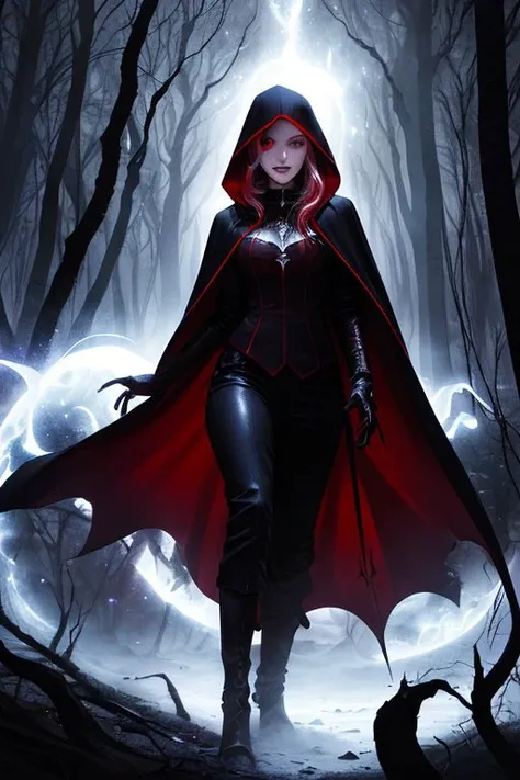 Style-GravityMagic, solo, (full body:0.6), looking at viewer, detailed background, detailed face, (high fantasy medieval theme:1.1) vampire, piercing gaze, pale skin, vampire fangs, flowing vampire clothes, hooded, dark expression, magical red glow, forest in background, contrast, shadows, mysterious atmosphere,