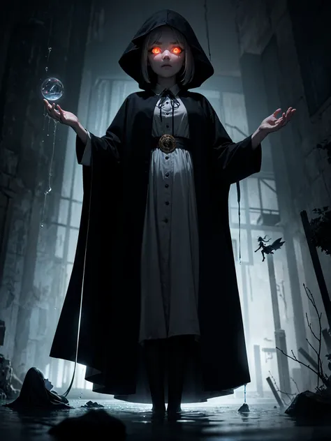 The 70-year-old white-haired witch wears a long black cloak,Long black dress,full bodyesbian,Evil expression,Hold the scepter in your left hand