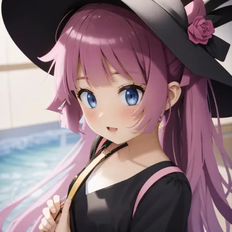 Anime girl with pink hair and black hat standing in front of a pool ...