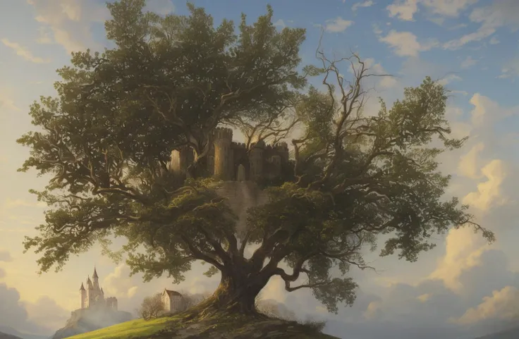 landscape painting of castle in the middle of an illustration of a tree
