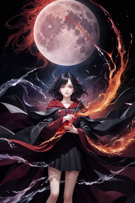 ASCII(style-swirlmagic:0.9), portrait, looking down, solo, (full body:0.6), detailed background, detailed face, pale complexion, black hair, hemomancer, red spellcaster robes, cloak, crimson crown, dynamic movement, power-hungry, scarlet arcane runes floating in the air, crimson color scheme, hemomancy, blood spatters, blood swirls in background, nighttime, blodd moon, symmetrical composition, epic atmosphere,