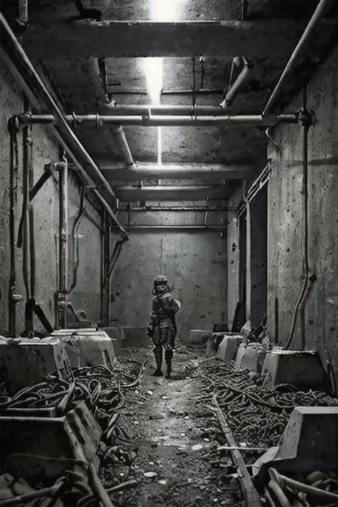 2d, anime drawing illustration, flat ink, thick outline, cross-hatched shadows, natural backlighting, in a dark smoky old bunker from 1940, brutalist, cement, concrete, steel pipes, aluminium ducts, dirty, greasy, rusty, weird unusual angle anime illustration of a soldier assault trooper girl, short messy blond hair, beautiful face, patrolling in a dark bunker, detailed face, intricately detailed,