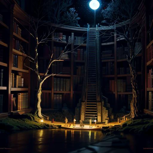 miniature figurine auburn haired krst3w4rt explorers made out of plastic with detailed faces wearing dresses, exploring an endless spiral library with tall shelves of books at night time, grainy, painting, masterpiece, nc Wyeth, scary, shadows, (dark surreal), ((tree branches poking through a well)), artstation, science fiction, art by werner herzog, art by andrei tarkovsky, <lora:add_detail:0.7>, gothic lighting <lora:epi_noiseoffset2:0.9>, <lora:ARWLolitaGothic:0.6>,  <lora:Better Portrait Lighting:0.4>