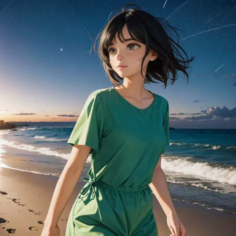 girl green shirt black hair walking beach night sky (stars:0.7) hair