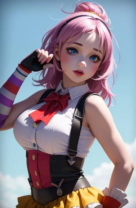 analog style, photo of a girl, (1girl, clown girl), (multicolored hair), ((beautiful smile)), ((pretty  face: 1.7, perfect face:1.5)),
[huge breasts],  pale skin, shinny skin, painted face, red nose, ((cute clown fantasy)), bow tie, multicolored clothes, circles on clothes, (suspenders, overall), gloves, gesturing with hands,  blue, purple, white, stripes, colorful background,
8k, 3d, (best quality:1.5, hyperrealistic:1.5, photorealistic:1.4, madly detailed CG unity 8k wallpaper:1.5, masterpiece:1.3, madly detailed photo:1.2), (hyper-realistic lifelike texture:1.4, realistic eyes:1.2), (octane render, unreal engine 5),