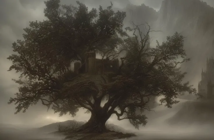 landscape painting of castle in the middle of an illustration of a tree, dark fantasy art in the style of elden ring and dark souls and lord of the rings, foggy night landscape