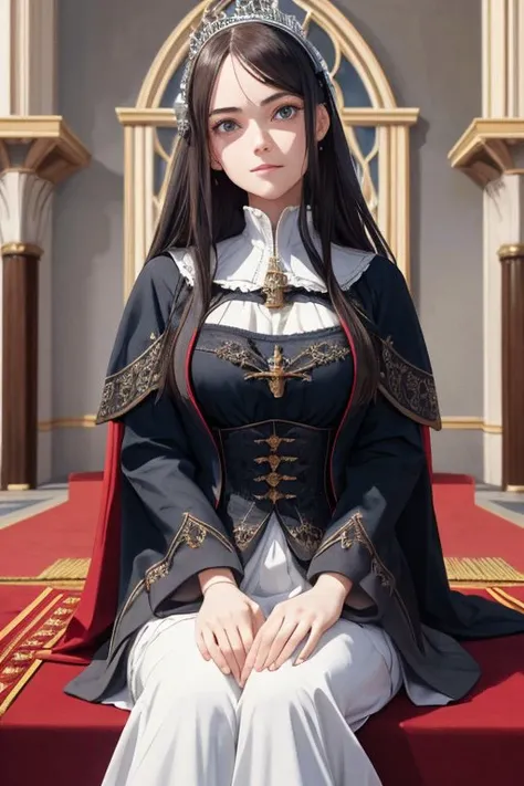 portrait, focus on character, looking up, solo, (full body:0.7), detailed background, detailed face, (medieval gothic theme:1.1), royal ruler, sitting on floor, soft smile, deck of royal ocean ship background, symmetrical composition, sidelighting, cinematic atmosphere,