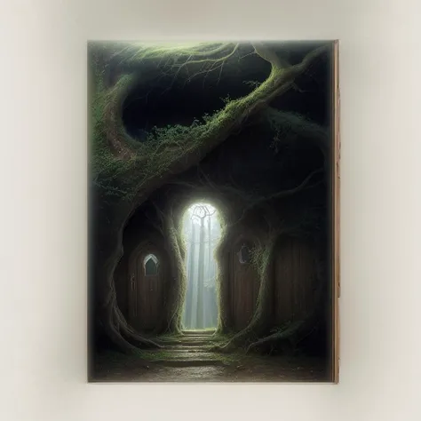 highly detailed photograph of a dark fantasy landscape, wooden door in the shape of a keyhole in the side of a rock face with gnarled tree roots twisting around it, a gazing eye starring from the hillside above a doorway, a leaning tree at the top of a hill, dark gothic fantasy, medieval ruins <lora:add_detail:0.7> <lora:DestroyedPortrait-000150:0.5>
