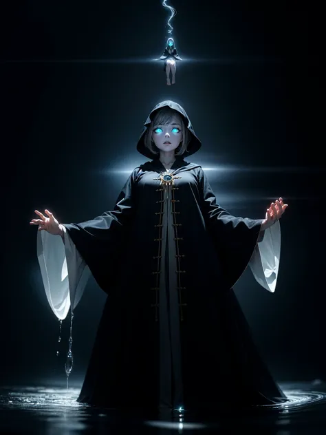 (best quality, high resolution, extremely detailed:1.2), girl, levitating above water, <lora:Gloomifier_V2_TheGlow:1> , magician outfit, detailed face, detailed clothes, looking down, from below,glowing eyes, surreal, robe,