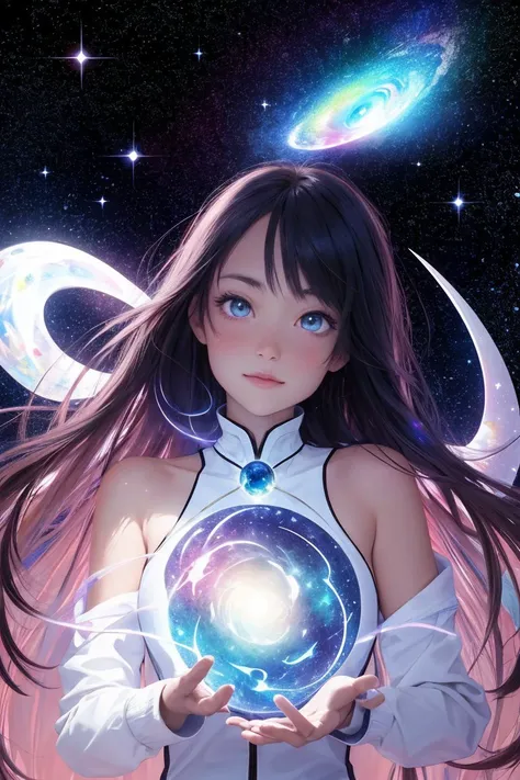 ASCIIStyle-GravityMagic, portrait, solo, (full body:0.6), looking at viewer, detailed background, detailed face, (<lora:biophylltech:0.6>, bio, BiophyllTech theme:1.1) (glowing eyes:1.05), embodied star constellation, star sign, horoscope, at peace, mysterious, taurus, geometric patterns, celestial , galaxies, bright colorful lights, glow, aura, shine, transcendence, floating particles, cosmic space background, otherworldly esoteric atmosphere,