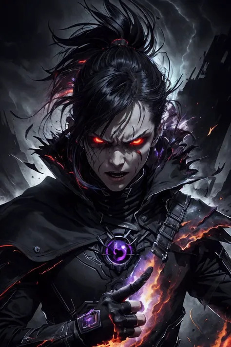 ASCIIportrait, solo, half shot, detailed background, detailed face, (<lora:ultrablackholetech:0.6>, ulblackholetech theme:1.1), angry expression, dark warrior, vampiric, gray clothes, spiked armor, cape, dynamic pose, floating particles, embers, shadows in background, <lora:fire_vfx:0.4>, flames in background, misty dark sinister atmosphere, stormclouds, dark night,