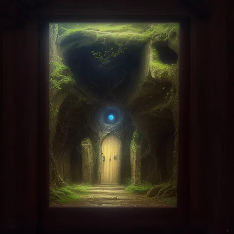 highly detailed photograph of a dark fantasy landscape, wooden door in the shape of a keyhole in the side of a rock face with gnarled tree roots twisting around it, a gazing eye starring from the hillside above a doorway, a leaning tree at the top of a hill, dark gothic fantasy, medieval ruins <lora:add_detail:0.7> <lora:DestroyedPortrait-000150:0.5>