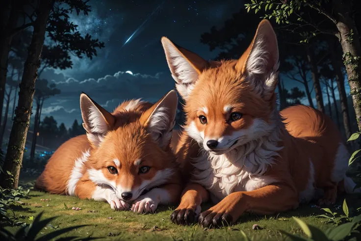 (masterpiece, best quality, ultra high res, highly detailed:1.3), dark, night, detailed, extremely detailed, intricate detail, night,
BREAK dark forest,
BREAK cute 2 foxes playing on grass, cute, detailed fur, fluffy, multicolored,