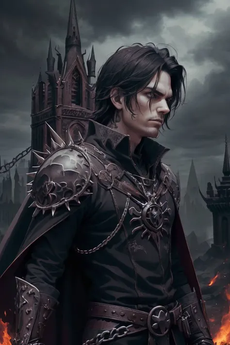 ASCIIsolo, half shot, detailed background, detailed face, (<lora:gothichorrorai:0.5>, gothichorrorai, gothic theme:1.1), sinister smirk, dark champion, unholy, black clothes, chained armor, cape, evil royal spiked crown, floating particles, rocks, monsters in background, <lora:fire_vfx:0.4>, flames in background, dark sinister atmosphere, black clouds, dark night,