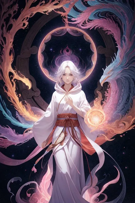 ASCII(style-swirlmagic:0.8), solo, (full body:0.6), looking at viewer, detailed background, detailed face, (imperial chinese theme:1.1), oracle, mystic, (glowing eyes:1.1), eyes of eternity, serious, meditative pose, prophetic vision, white robes, hood, mirror, glowing magic smoke pouring from eyes, enveloped by ethereal aura, floating sigils, parallel realities in background, dawn, gentle breeze, epic atmosphere,