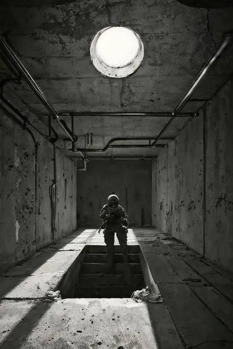 2d, anime drawing illustration, flat ink, thick outline, cross-hatched shadows, natural backlighting, in a dark smoky old bunker from 1940, brutalist, cement, concrete, steel pipes, aluminium ducts, dirty, greasy, rusty, weird unusual angle anime illustration of a soldier assault trooper girl, short messy blond hair, beautiful face, patrolling in a dark bunker, detailed face, intricately detailed,