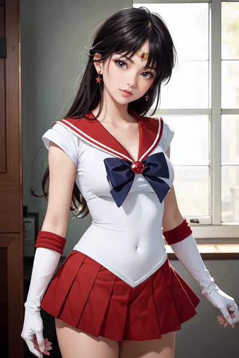 best quality, masterpiece, sharp focus, high resolution, ultra-detailed, 8k, 1girl, solo, wonderfully detailed full body illustration of beautiful sama1, tiara, sailor senshi uniform, white gloves, red sailor collar, red skirt, <lora:sailor_mars_v1:0.8>