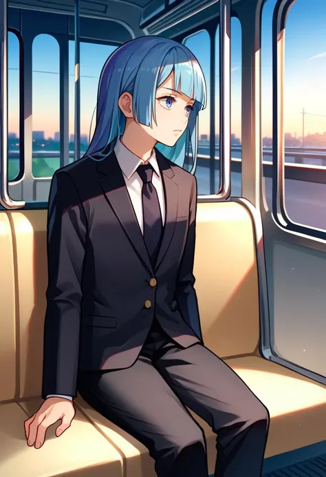 score_9, score_8_up, score_7_up, source_anime, solo, 1girl, miwa kasumi, expressionless, looking away, sitting, formal, suit, black jacket, black necktie, long sleeves, black pants, train interior <lora:jjk_miwa_ponyXL:1>