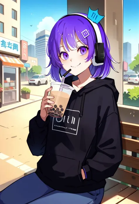 score_9, score_8_up, score_7_up, source_anime, solo, 1girl, twitch-chan, smile, looking at viewer, holding cup, bubble tea, purple hair, hair ornament, headset, crown, purple eyes, black hoodie, hood down, long sleeves, jeans, outdoors, city street <lora:gijinkaseries_twitch_ponyXL:1>