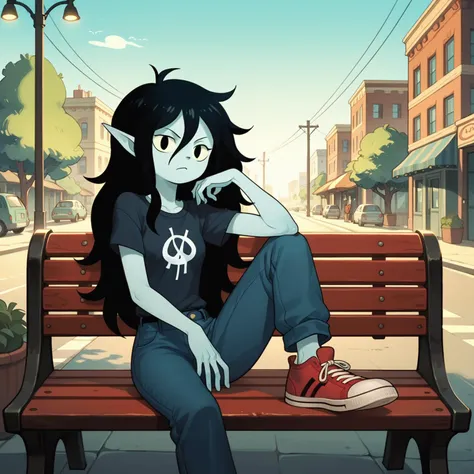 score_9, score_8_up, score_7_up, score_6_up, score_5_up, score_4_up, adventure time screencap, marcelin in shirt and pants, sitting on bench, city street, looking at viewer