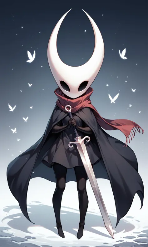 score_9, score_8_up, score_7_up, score_6_up, score_5_up, score_4_up, source_anime, digital art, adorable, pretty, full body, hollow knight silksong, female hornet, scarf, cloak, sword, looking at viewer, solo